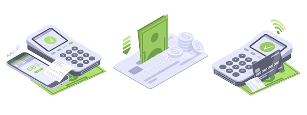 Teléfono inteligente de pago isométrico y tarjeta de crédito ilustración de símbolos de vector plano pago sin contacto
