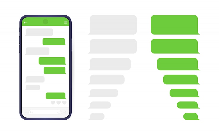 Vector teléfono inteligente con pantalla de chat messenger. burbujas de plantilla de sms para componer diálogos.