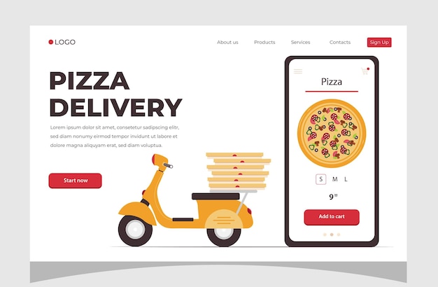 Teléfono inteligente de pedidos de alimentos en línea Entrega de pizza Concepto de entrega de alimentos para la página de destino