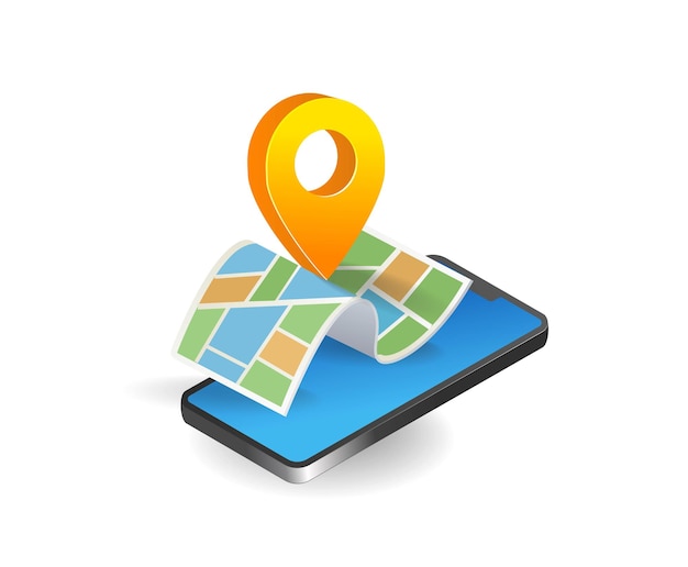 Teléfono inteligente con pin de ubicación en el mapa Ilustración vectorial isométrica