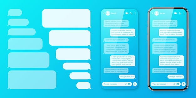 Un teléfono inteligente realista con una aplicación de mensajería en un fondo azul colorido y una pantalla de chat de texto SMS en blanco