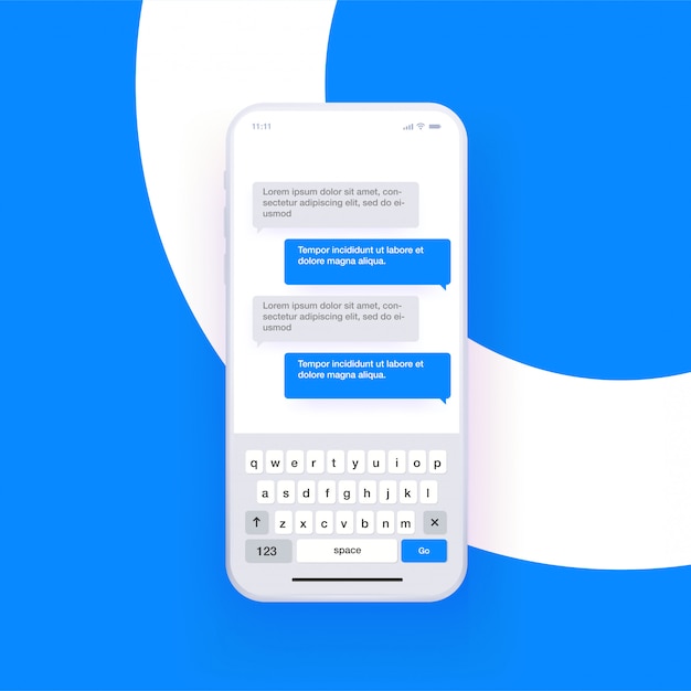Teléfono inteligente realista con teclado de escritura qwerty abierto y simulación de chat. Concepto de mensajería. .
