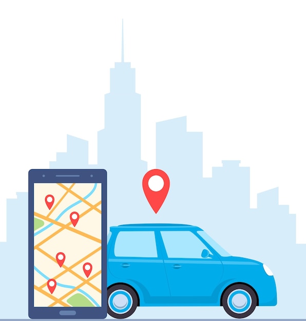 Teléfono inteligente con ruta y ubicación de puntos en el mapa de la ciudad servicio de uso compartido de automóviles en línea