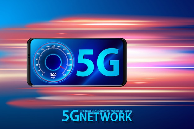 Vector teléfono inteligente y símbolo 5g, concepto de sistema inalámbrico de red 5g.