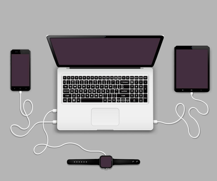 Vector teléfono inteligente, tableta y reloj inteligente conectados a una computadora portátil