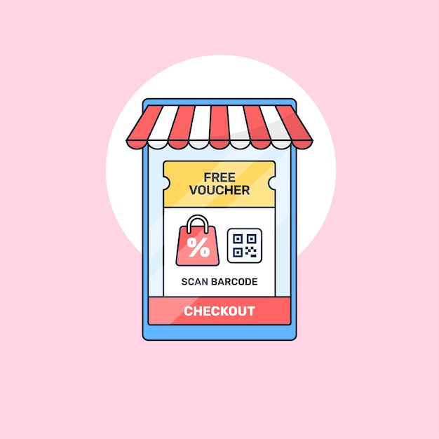 Teléfono inteligente con tienda de toldos despojados y cupón de cupón gratis en la ilustración de vector de pantalla para el afiche de promoción de marketing en redes sociales de la tienda en línea