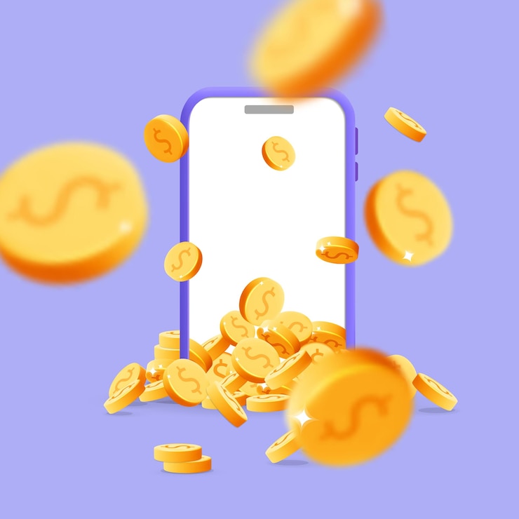 Vector teléfono inteligente vectorial 3d con efecto de explosión de monedas de dólar de oro fuera del renderizado de dibujos animados del dispositivo de pantalla