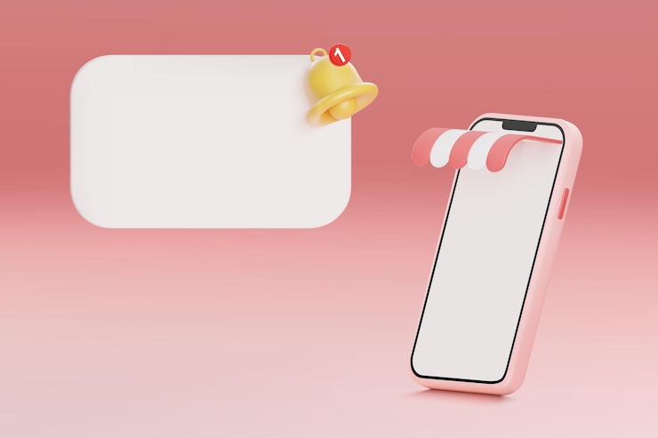 Vector teléfono inteligente vectorial realista 3d rosa con espacio en blanco para copiar y campana amarilla con notificación de punto rojo