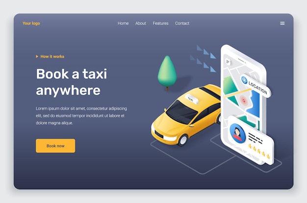 Teléfono isométrico con taxi amarillo, aplicación. Plantilla de página de destino.