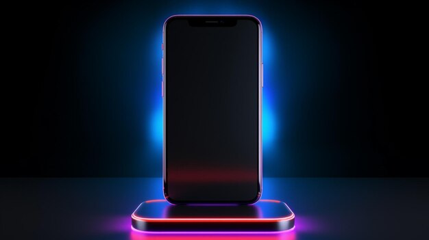 Vector un teléfono con luces púrpuras en él y una base negra con luces azules y pórpuras a su alrededor
