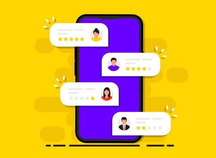 Vector teléfono de mano con calificación de revisión reseñas de usuarios con buena y mala calificación en la pantalla del teléfono inteligente calificación de la experiencia de revisión de comentarios de los clientes clientes que eligen la calificación de satisfacción y dejan reseñas