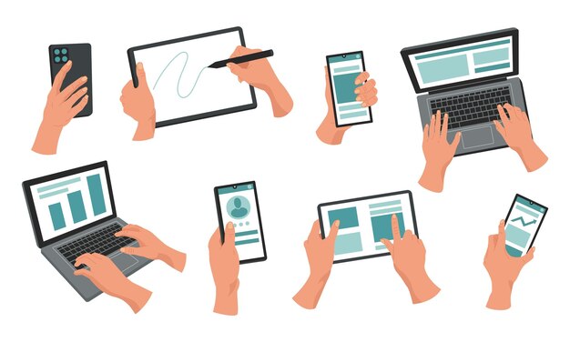 Teléfono en la mano Hombre con tableta digital Teclado portátil Maqueta de pantalla de computadora Tecnología móvil Teléfono móvil electrónico Gadget en el brazo Conjunto de dispositivos de dibujos animados vectoriales ordenados