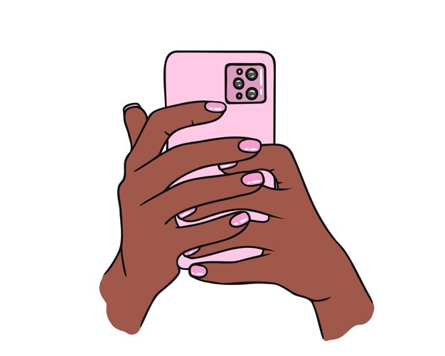 Vector teléfono en la mano de una mujer estadounidense o africana ilustración dibujada a mano