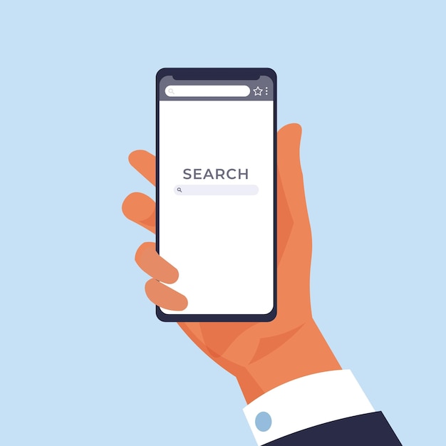 Teléfono de mano Página web móvil para buscar Hombre de dibujos animados con teléfono inteligente Encontrar información en Internet por palabras clave Interfaz de navegador en blanco Pantalla de dispositivo electrónico vectorial