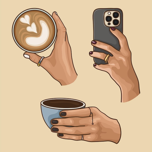 Vector un teléfono de mano y una taza de café