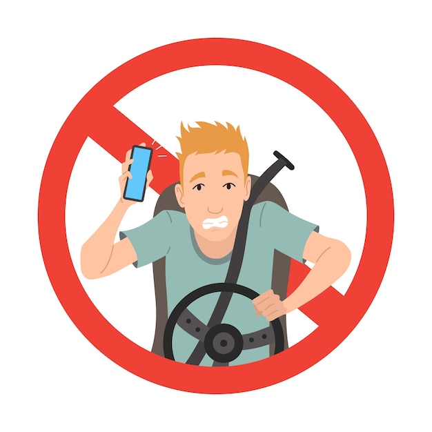 Teléfono mientras se conduce Reglas de conducción de seguridad No use el móvil Hombre hablando por teléfono o usando un teléfono inteligente Ilustración vectorial