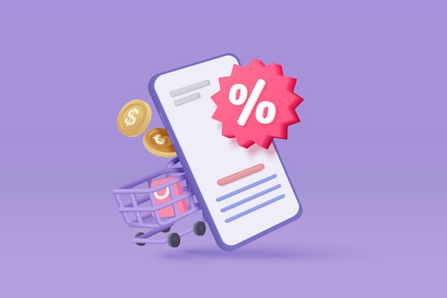 Teléfono móvil 3D con etiquetas de precio para conceptos de compras en línea Cesta con etiqueta de promoción cupón de descuento de dinero en efectivo para futuras ofertas especiales promoción 3D etiquetas de precios icono vector render ilustración