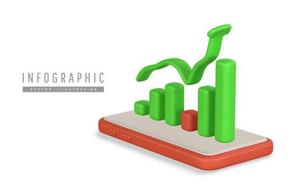 Vector teléfono móvil 3d con flecha hacia arriba y gráfico en estilo de dibujos animados ilustración vectorial