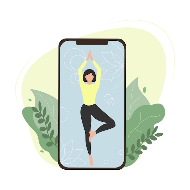 Teléfono móvil con aplicación para hacer yoga en línea vector plano aislado Mujer haciendo vector plano de yoga