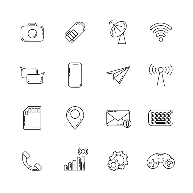 teléfono móvil aplicación de interfaz de línea icono conjunto con voz burbuja papel avión teclado mapa pin gsm