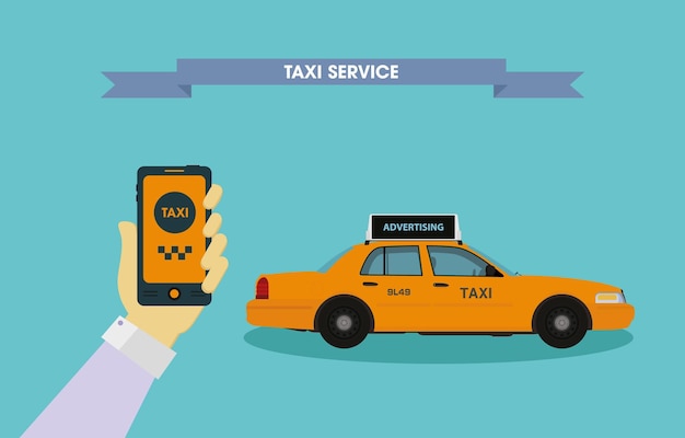 Vector teléfono móvil con la aplicación para un taxi. el coche taxi al fondo. ilustración vectorial