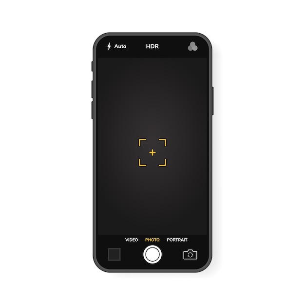 Teléfono móvil con cámara interfase. aplicación de aplicación móvil. pantalla de foto y video. gráfico ilustrativo.