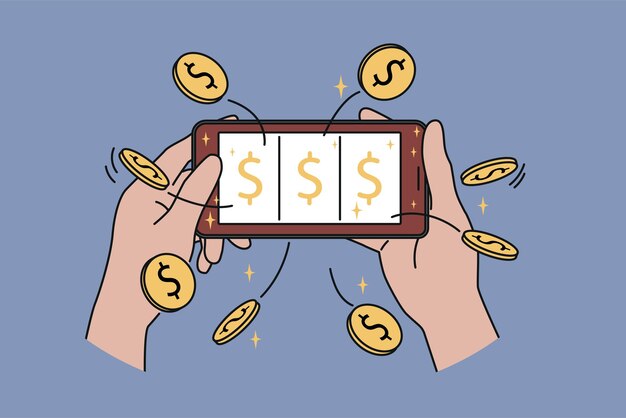 Teléfono móvil con casino en línea en manos del hombre que gana el premio mayor y un gran premio en efectivo en el sitio web con máquina tragamonedas Apuestas en teléfonos inteligentes con lotería financiera o casino para probar suerte