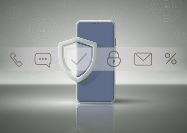 Teléfono móvil con colección de iconos de seguridad y escudo para protección y privacidad Ilustración vectorial 3d