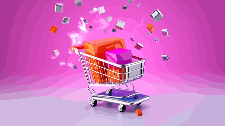 Vector teléfono móvil con concepto de carrito de compras volando