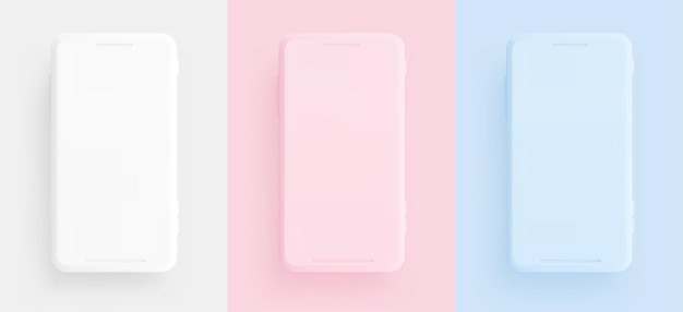 Teléfono móvil, gadget moderno de plantilla. Maqueta de teléfono inteligente aislada realista, rosa blanca y azul. ilustración vectorial