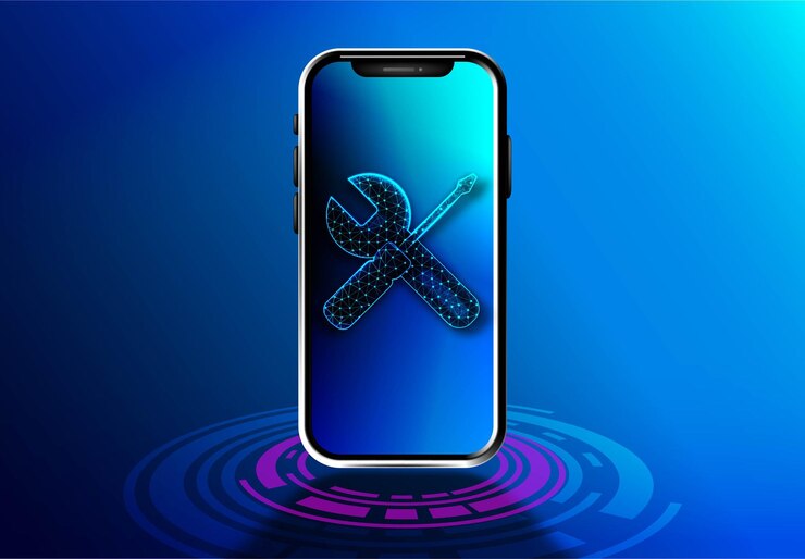 Vector teléfono móvil con herramienta de ajuste de llave concepto de teléfono inteligente de servicio
