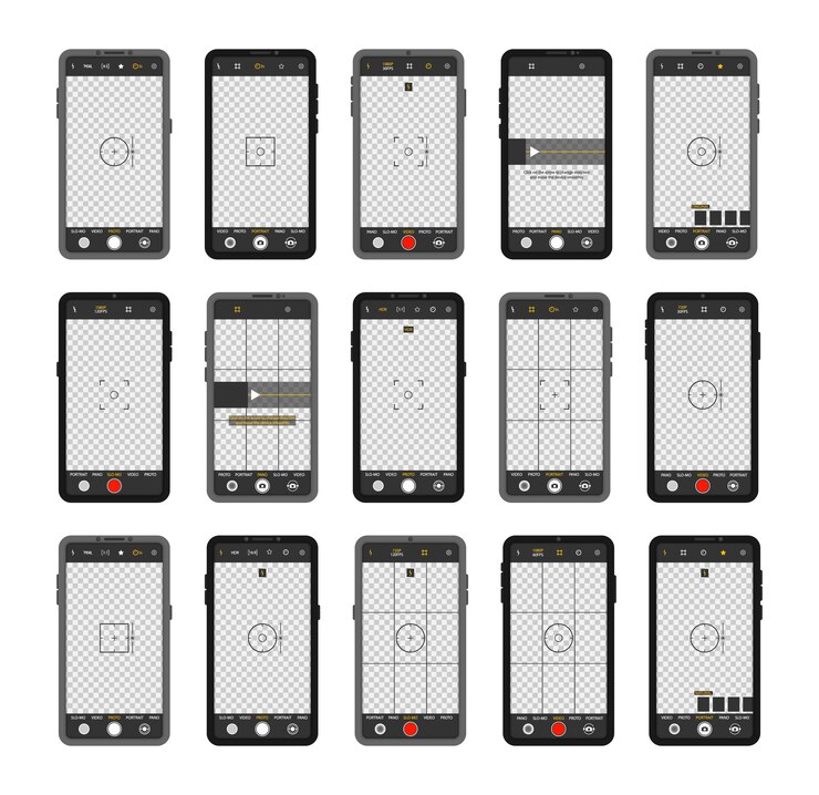 Teléfono móvil con interfaz de cámara. Visor, cuadrícula, enfoque, botón y grabación en el teléfono inteligente. Grabación de video para una red social. Aplicación de aplicación móvil. Pantalla de enfoque en tiempo de grabación.