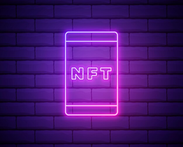 Teléfono móvil con letrero de neón NFT Gadget icono brillante Ilustración vectorial para el diseño Concepto de tecnología aislado en la pared de ladrillo