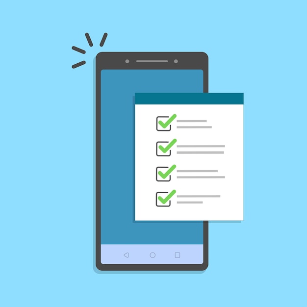 Teléfono móvil y lista de verificación, teléfono inteligente vectorial con documento en papel y casillas de verificación de lista de tareas pendientes