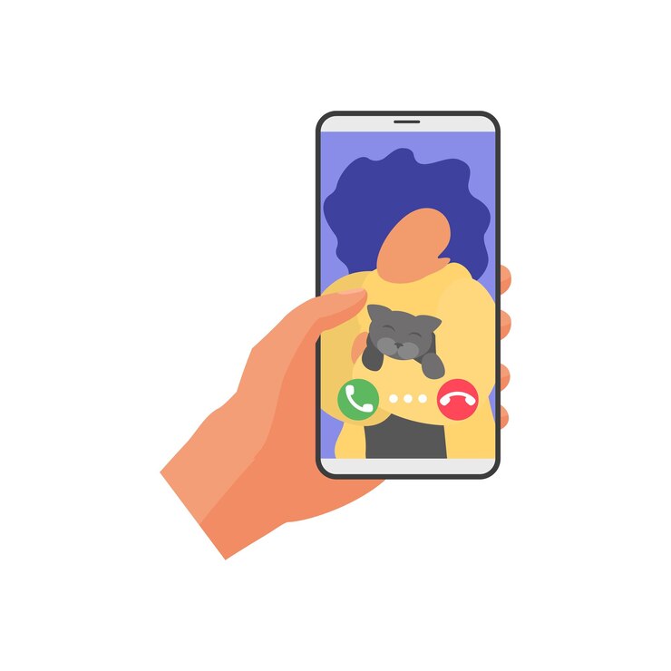 Vector telefono móvil en la mano con llamada de video en pantalla para conversación en línea