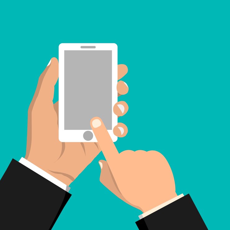 Vector teléfono móvil en la mano. mano que sostiene el teléfono inteligente. diseño plano