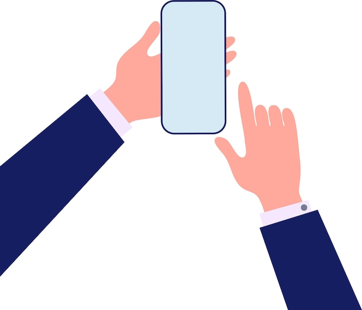 Vector teléfono móvil en manos de hombre de negocios persona que toca la pantalla con el dedo aficionado vector plano transparente