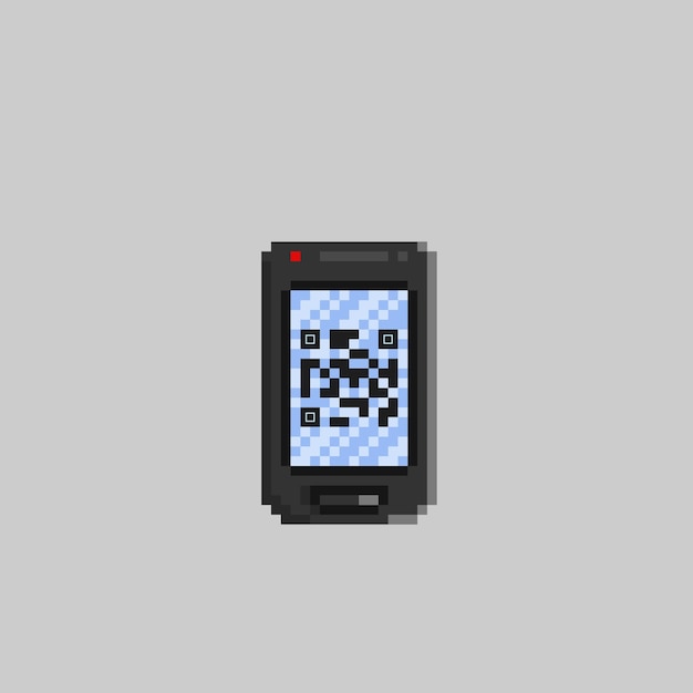 teléfono móvil negro con signo de código de barras en estilo pixel art