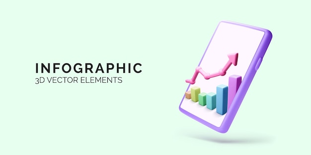 Vector teléfono móvil o aplicación con gráfico y flecha hacia arriba comercio de inversión financiera depósito bancario y ganancia financiera o inversión ilustración de vector 3d