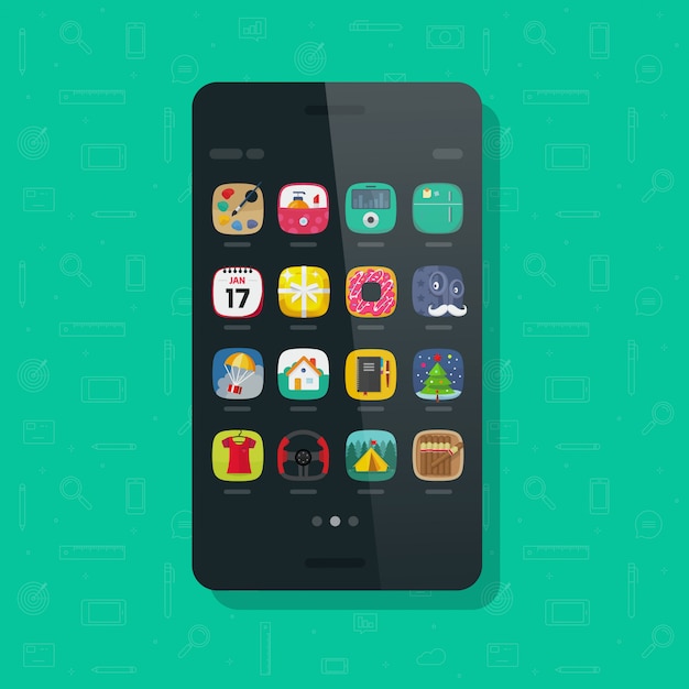 Teléfono móvil o celular con íconos de aplicaciones en pantalla plana de dibujos animados