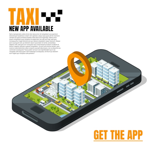 Teléfono móvil con paisaje de la ciudad. Plantilla de publicidad de taxi en línea