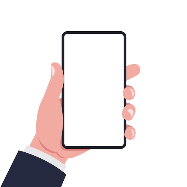 Teléfono móvil con pantalla blanca en mano masculina aislada sobre fondo blanco Ilustración vectorial xA