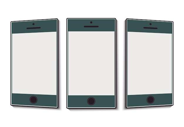 Teléfono móvil con pantalla limpia en diferentes ángulos. Ilustración vectorial