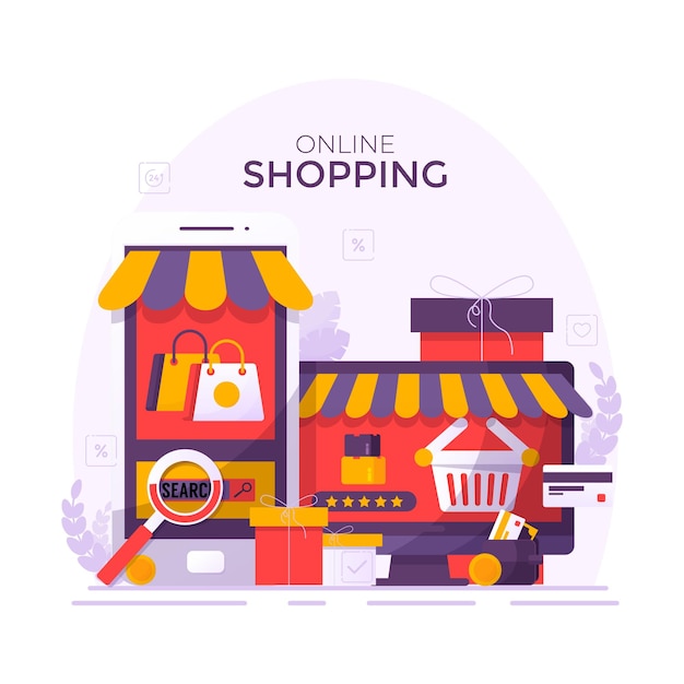 El teléfono móvil representa el frente de la tienda Compras en línea en el sitio web o en la aplicación móvil Concepto vectorial Marketing y marketing digital Fondo largo