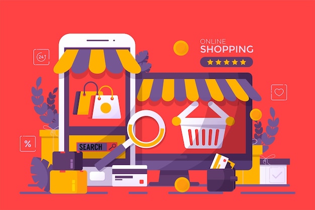 El teléfono móvil representa el frente de la tienda Compras en línea en el sitio web o aplicación móvil Vector Concepto Marketing y marketing digital Fondo largo