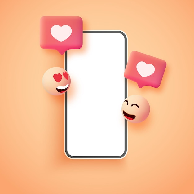 Teléfono móvil de vector 3d realista con caras sonrientes e icono de corazón Concepto de redes sociales