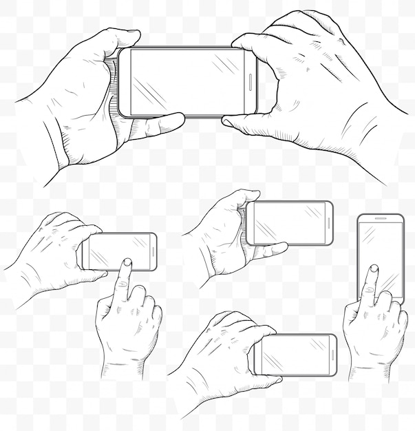 Teléfono móvil en la vista frontal de las manos. bosquejo de la mano que sostiene el teléfono inteligente vacío.