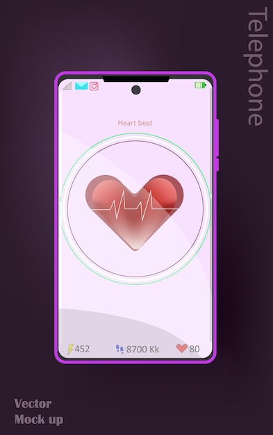 Teléfono con la pantalla en el chequeo de los latidos del corazón seguimiento de la salud teléfono inteligente femenino lila Maqueta moderna y elegante