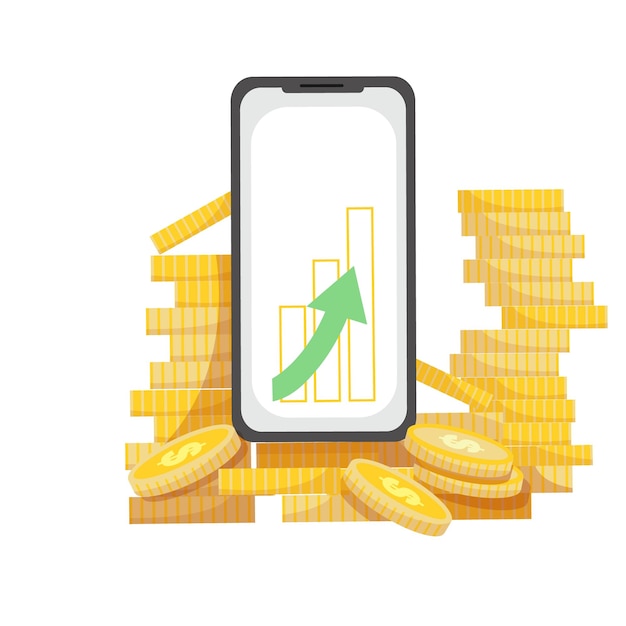 Teléfono de pie en pilas de monedas de oro Gráfico de aumento de ganancias en la pantalla del teléfono móvil EPS 10