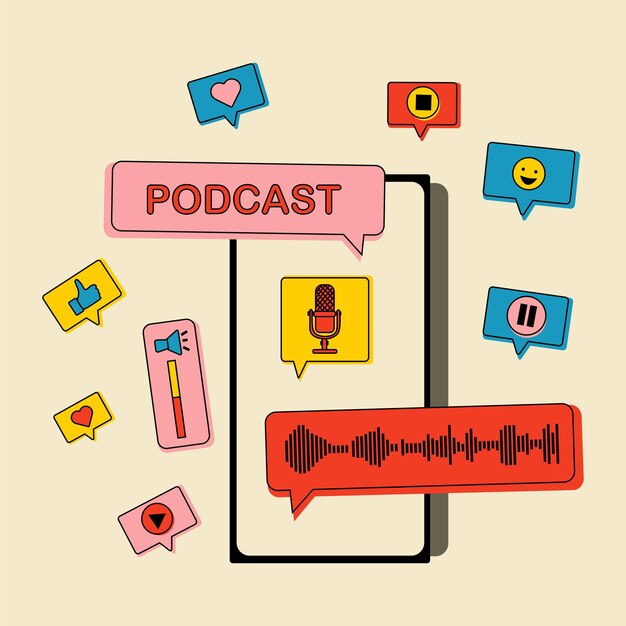 Teléfono con podcast en pantalla y elementos decorativos de diseño.
